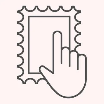 Post mark with hand thin line icon. Glue sticker and pointer. Postal service 스톡 일러스트