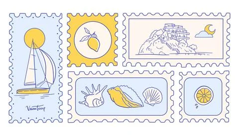 Post marks set with Summer in Italy. Amalfi. Hand drawn vector illustration of Stock Illustration