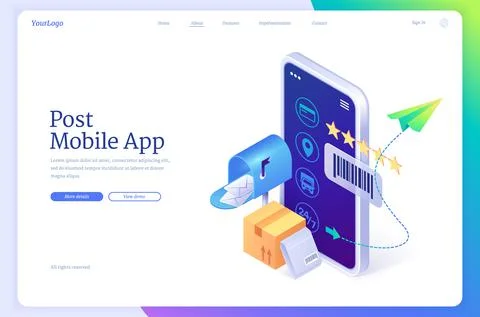 Post mobile app isometric landing mail application Stock Illustration