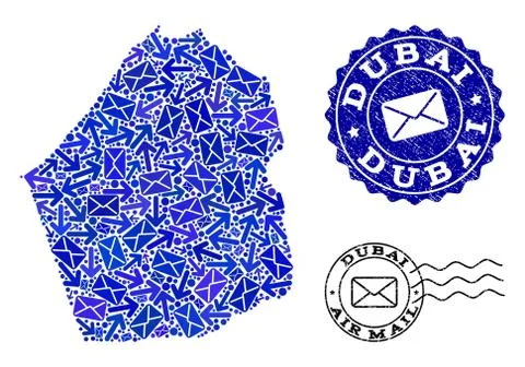 Post Motion Collage of Mosaic Map of Dubai Emirate and Grunge Seals 스톡 일러스트
