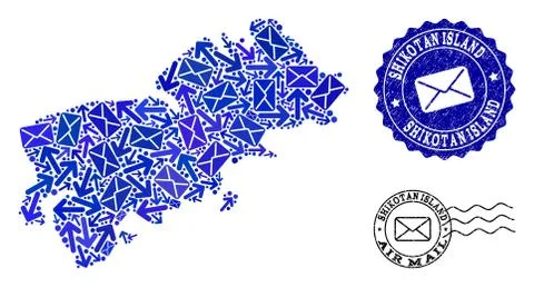 Post Motion Collage of Mosaic Map of Shikotan Island and Grunge Stamps 스톡 일러스트