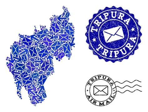 Post Motion Collage of Mosaic Map of Tripura State and Distress Seals Illustrazione stock