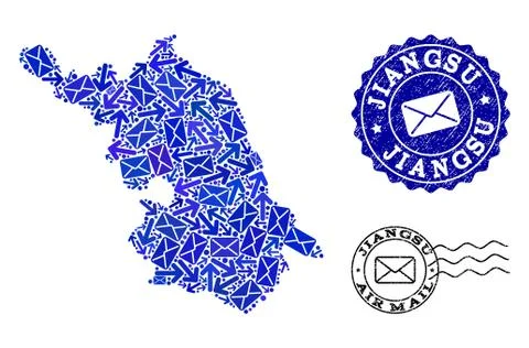 Post Movement Collage of Mosaic Map of Jiangsu Province and Grunge Seals 스톡 일러스트