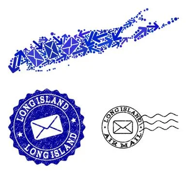 Post Movement Collage of Mosaic Map of Long Island and Grunge Stamps 스톡 일러스트