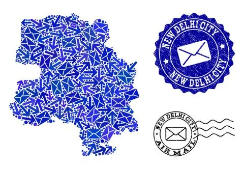 Post Movement Collage of Mosaic Map of New Delhi City and Distress Stamps Illustrazione stock