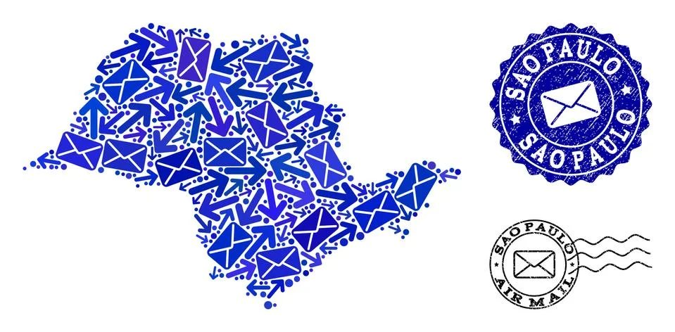 Post Movement Composition of Mosaic Map of Sao Paulo State and Distress Seals 스톡 일러스트