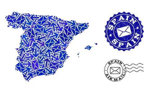 Post Movement Composition of Mosaic Map of Spain and Distress Stamps Stock Illustration