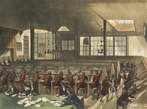 The Post Office.  Circa 1808.  After a work by August Pugin and Thomas Rowlandso Stock Illustration