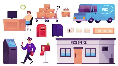 Post office concept vector flat illustrations set, cart with boxes, mailbox and Illustration