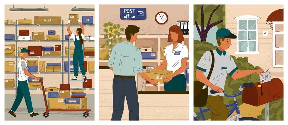 Post office concept vector posters. Delivery service, postman, courier delivers Иллюстрация