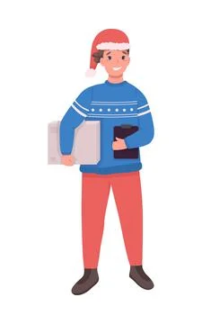 Post office courier on Christmas flat color vector character Illustration