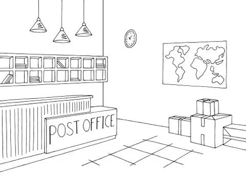 Post office graphic interior black white sketch illustration vector Illustration