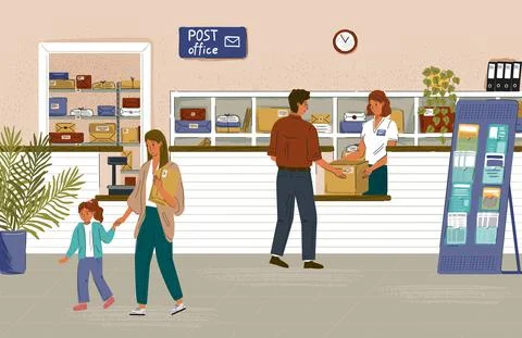 Post office interior concept vector posters. Woman gives parcel to customer in Stock Illustration