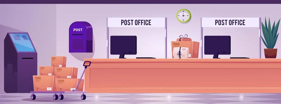 Post office interior flat vector, cart with boxes, computer, mailbox, self Stock Illustration