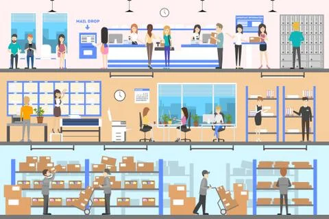 Post office interior set. Illustration