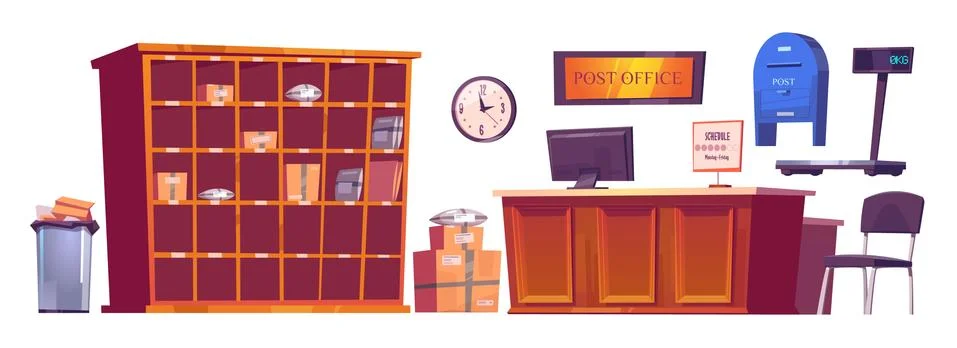 Post office interior stuff and furniture set. Illustration