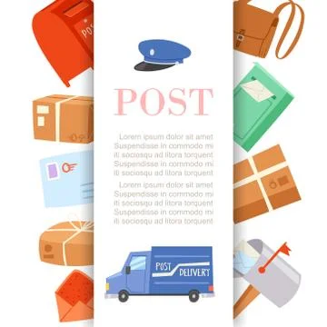 Post office letters and parcels delivery service poster with postal card Stock Illustration