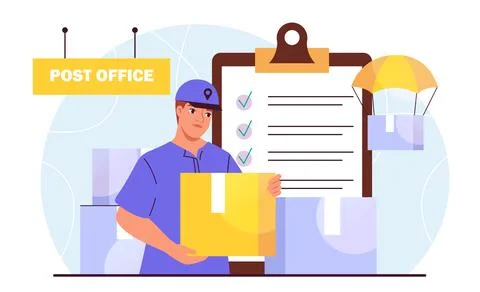Post office man. Young guy with cardboard box in his hands. Logistics and Illustration