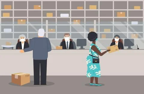 Post office is open during epidemic of virus. Postal workers in masks Stock Illustration