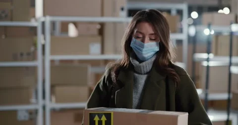 Post Office on Pandemic. Courier Post Office Worker Giving Order Parcel Delivery Stock Footage 150581506