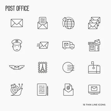 Post office related thin line icons set. Symbols of shipping, delivery Stock Illustration