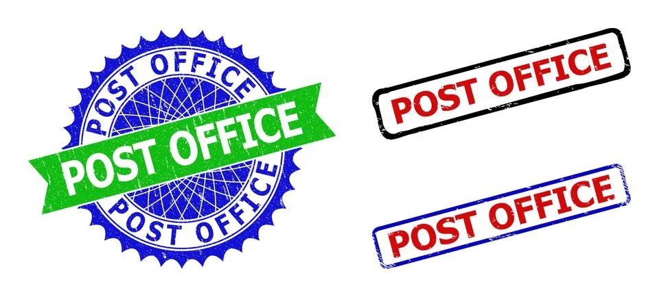 POST OFFICE Rosette and Rectangle Bicolor Stamp Seals with Distress Styles Stock Illustration