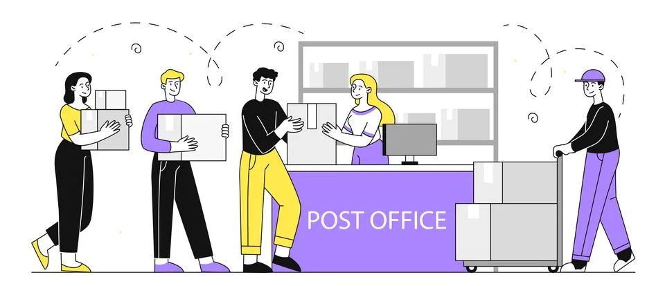 Post office scene vector linear Illustration