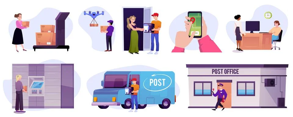Post office scenes vector set, delivery and logistic services, people, postman Stockillustratie