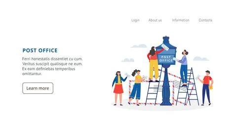 Post office website layout with people sending mail, flat vector illustration. Illustration