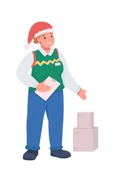 Post office worker on Christmas flat color vector character Illustration