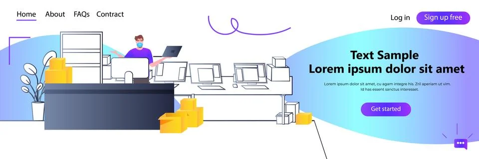 Post office worker in mask using laptop express delivery service concept Illustration