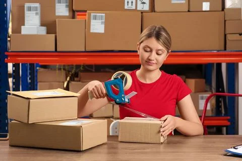 Post office worker packing parcel at counter indoors Stock Photos