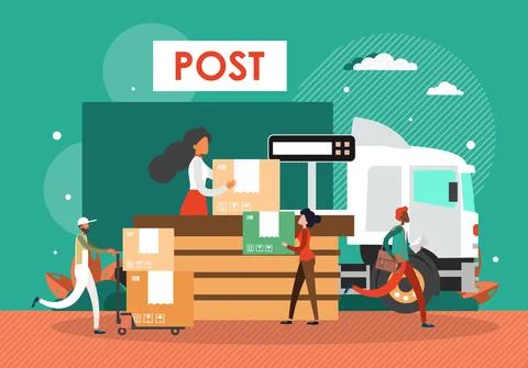Post office workers with parcels, postman with letters, delivery truck, vector Illustrazione stock