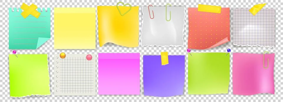 Post paper note. Sticker different colors, sticky memo with clip. Board pad l Stock Illustration