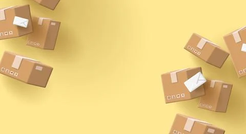 Post parcels and envelopes hanging in the air. Mail delivery concept. 3d ve.. Illustrazione stock