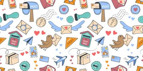 Post parcels and letters hand drawn seamless pattern Stock Illustration