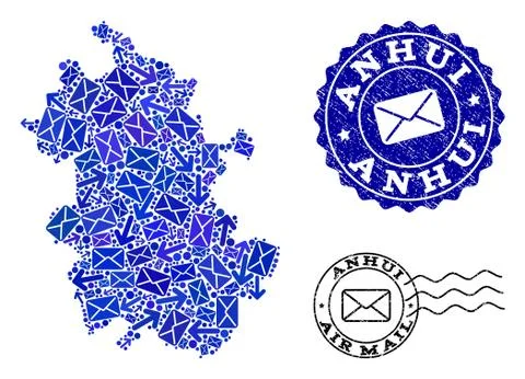 Post Pathways Collage of Mosaic Map of Anhui Province and Scratched Stamps Stock Illustration