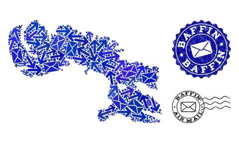 Post Pathways Collage of Mosaic Map of Baffin Island and Distress Stamps Stock Illustration