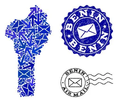 Post Pathways Collage of Mosaic Map of Benin and Textured Seals Stock Illustration