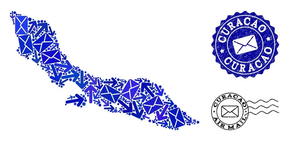Post Pathways Collage of Mosaic Map of Curacao Island and Grunge Seals 스톡 일러스트