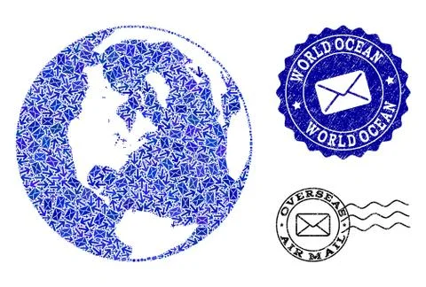 Post Pathways Collage of Mosaic Map of Global Ocean and Scratched Stamps Stock Illustration