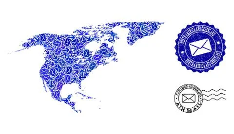 Post Pathways Collage of Mosaic Map of North America and Greenland and Grunge 스톡 일러스트