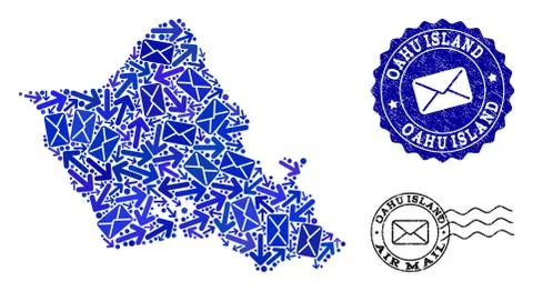 Post Pathways Collage of Mosaic Map of Oahu Island and Scratched Stamps Stock Illustration