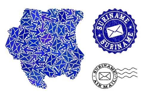 Post Pathways Collage of Mosaic Map of Suriname and Distress Seals 스톡 일러스트