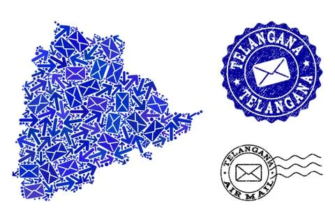 Post Pathways Collage of Mosaic Map of Telangana State and Scratched Stamps Stock Illustration