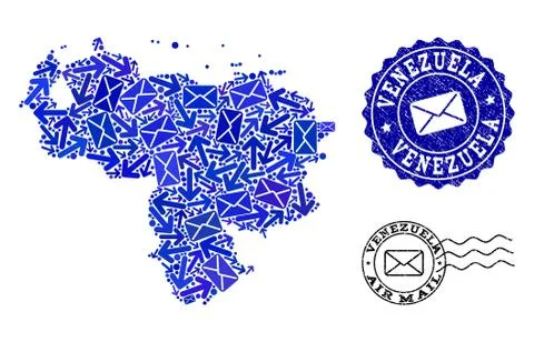 Post Pathways Composition of Mosaic Map of Venezuela and Textured Seals Stock Illustration