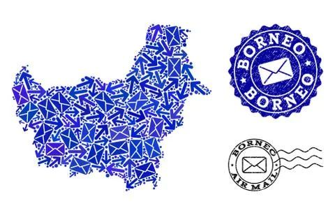 Post Routes Collage of Mosaic Map of Borneo Island and Grunge Seals 스톡 일러스트