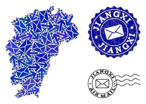 Post Routes Collage of Mosaic Map of Jiangxi Province and Textured Stamps 스톡 일러스트