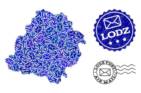 Post Routes Collage of Mosaic Map of Lodz Province and Grunge Stamps 스톡 일러스트