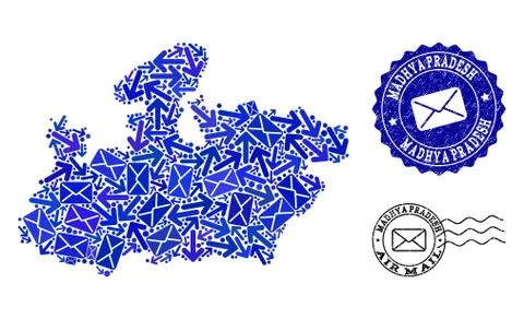 Post Routes Collage of Mosaic Map of Madhya Pradesh State and Grunge Stamps Stock Illustration
